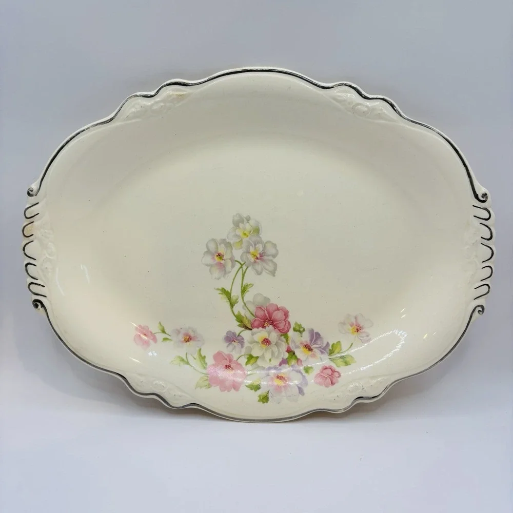 Vintage Homer Laughlin Floral Oval Serving Bowl‎ Silver Trim USA 11.5